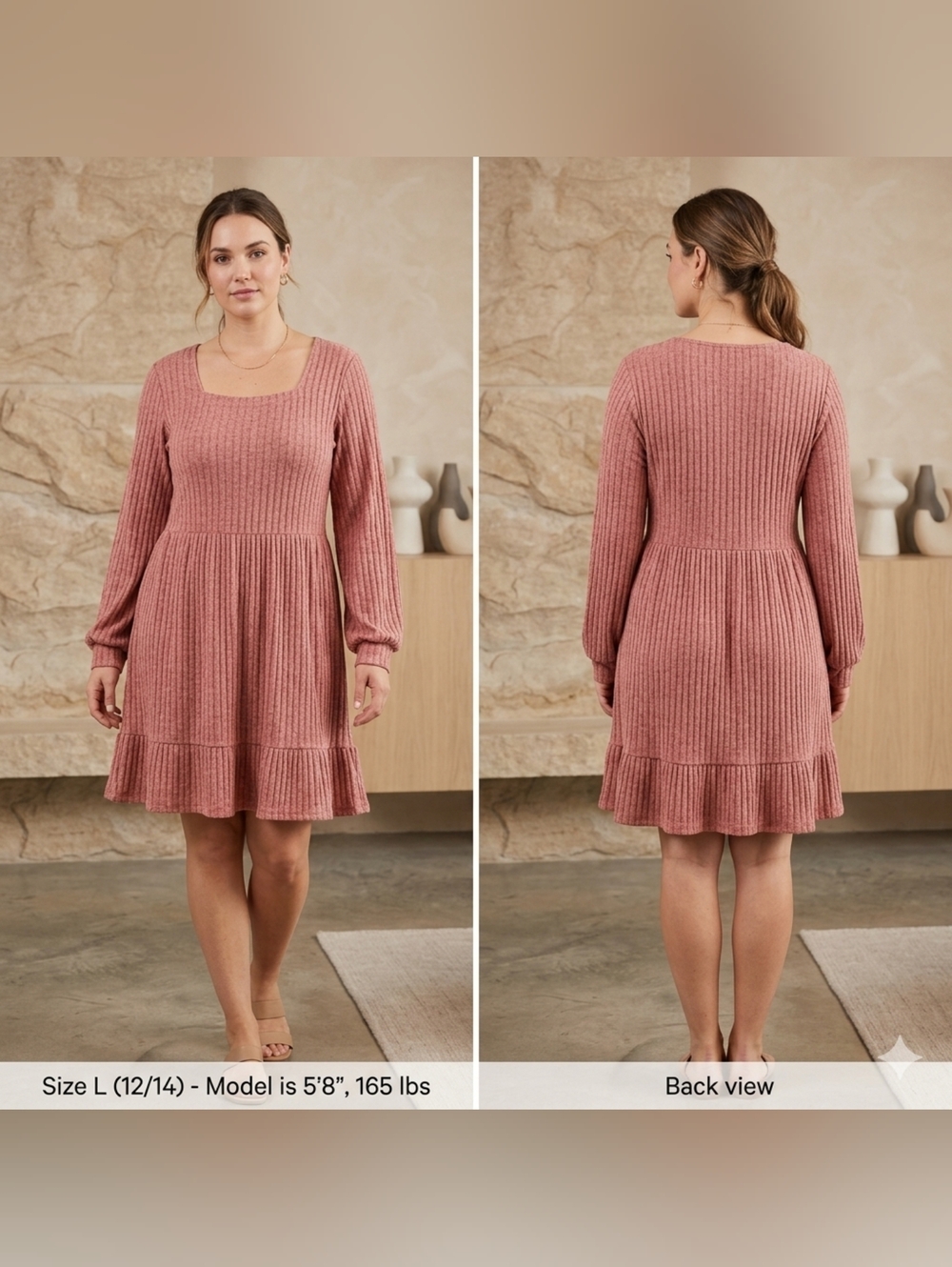 Ribbed Square-Neck Long Sleeve Dress in Dusty Rose